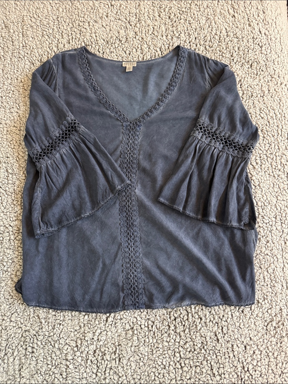 Spense Slate Blue V-Neck Lace-Trim Bell Sleeve Tunic